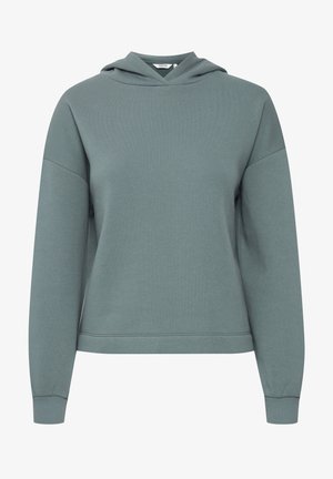 Sweat à capuche en tissu vert atténué, avec des manches longues, une coupe décontractée et des poignets côtelés. Texture lisse avec un design minimaliste.