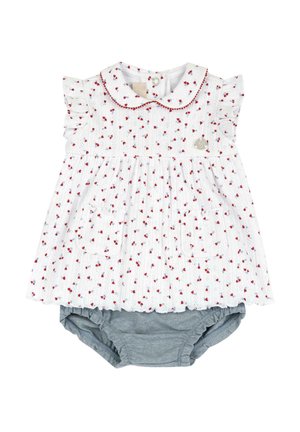 Biała sukienka dla niemowląt z czerwono-niebieskim kwiatowym wzorem, falbankowymi rękawami i kołnierzykiem typu peter pan. W komplecie znajduje się szary kuferek.