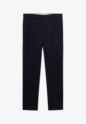 Navy blue trousers featuring a straight leg design, double pleats, and a button closure at the waist. Made from a smooth fabric with no patterns.