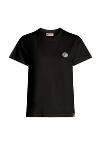 Black cotton t-shirt with short sleeves, round neckline, and a small round logo patch on the chest. Smooth texture, classic fit.
