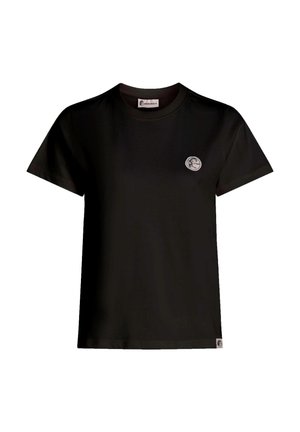 Black cotton t-shirt with short sleeves, round neckline, and a small round logo patch on the chest. Smooth texture, classic fit.