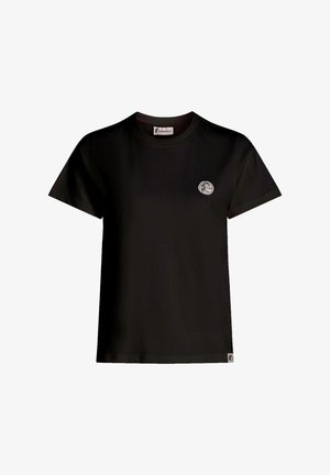 Black cotton t-shirt with short sleeves, round neckline, and a small round logo patch on the chest. Smooth texture, classic fit.
