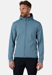 Heren hoodie in een zachte blauwe stof met een volledige rits, voorzien van lange mouwen en een zwarte binnenvoering, ontworpen voor comfort en flexibiliteit.
