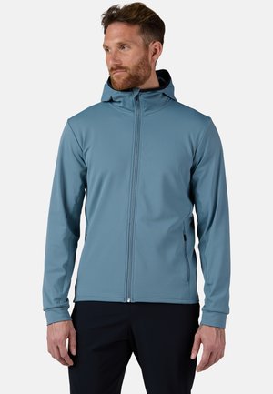 Giacca con cappuccio da uomo in morbido tessuto blu, dotata di zip completa, con maniche lunghe e una fodera interna nera, progettata per il comfort e la flessibilità.