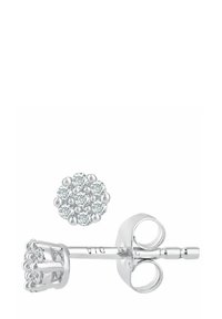 Sølvstud øreringe med et blomsterdesign lavet af klynger af klare sten. Har en sommerfugle-lukning, blank finish og struktureret hardware.