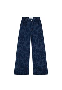 Pantalons larges en denim foncé avec une texture mouchetée, dotés d'une fermeture à bouton sur le devant et de deux poches avant.