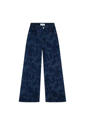Wijdbenige broeken van donker jeans met een gemêleerd textuur, voorzien van een knoopsluiting aan de voorkant en twee zijzakken.