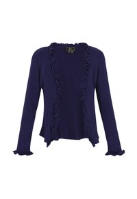 Lila gerippter Cardigan mit gerüschten Kanten entlang der offenen Vorderseite und den Ärmeln. Leichtes Strickmaterial sorgt für eine lässige Passform.