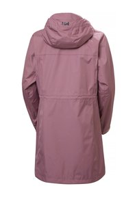 Μακρύ αδιάβροχο σε μωβ απόχρωση με κουκούλα, μακριά μανίκια και λεπτομέρειες ραφών στο πίσω μέρος, σχεδιασμένο για προστασία από τον καιρό.