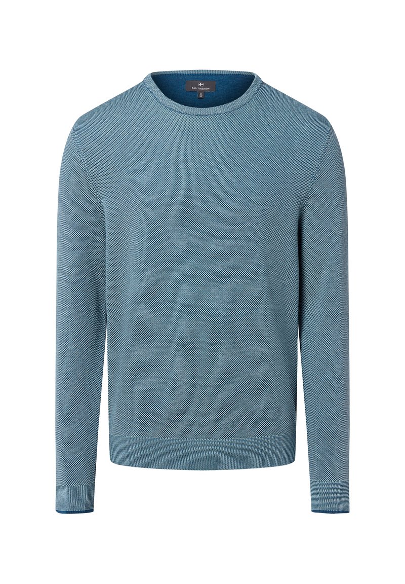 Hellblauer Rundhalsausschnitt-Pullover mit strukturiertem Strickmuster, langen Ärmeln sowie gerippten Bündchen und Saum. Keine sichtbaren Logos oder Verzierungen.