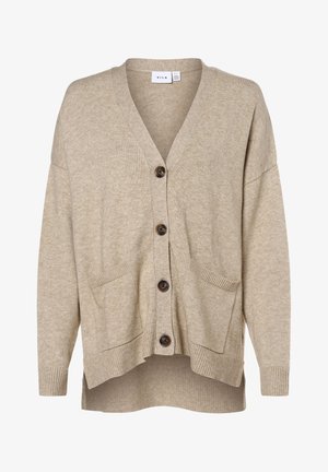 Beżowy dzianinowy kardigan z dekoltem w serek, zapinany na guziki z przodu, z dwiema naszywanymi kieszeniami, ściągaczami na mankietach i dolnym brzegu. Miękka, teksturowana tkanina.