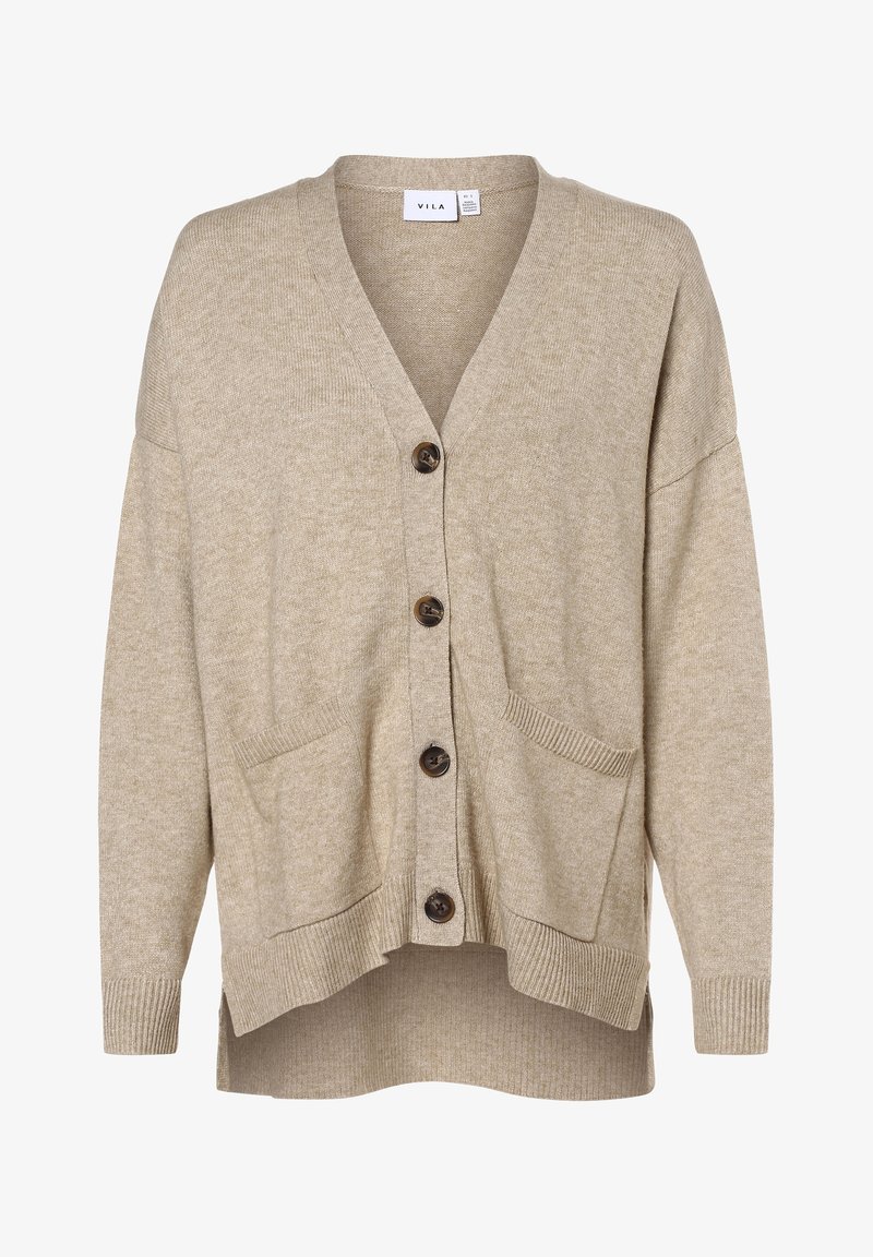 Beżowy dzianinowy kardigan z dekoltem w serek, zapinany na guziki z przodu, z dwiema naszywanymi kieszeniami, ściągaczami na mankietach i dolnym brzegu. Miękka, teksturowana tkanina.