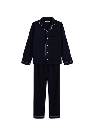 Ensemble de pyjama bleu marine en tissu doux, comprenant un haut à boutons avec une poche et des piping contrastants bleu clair sur les bords.