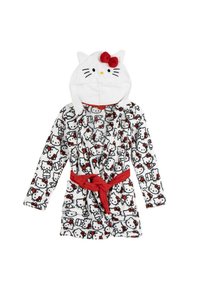 White fleece robe featuring a repeating Hello Kitty pattern. Includes a hood with cat ears, a red bow, and a matching red belt.