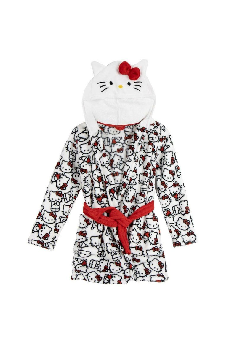 White fleece robe featuring a repeating Hello Kitty pattern. Includes a hood with cat ears, a red bow, and a matching red belt.