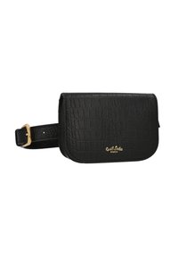 Borsa a cintura in pelle nera con motivo a coccodrillo, di forma rettangolare, con hardware dorato e logo del marchio sul davanti.