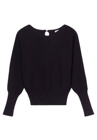 Pull en tricot noir avec un large décolleté, des manches longues et des poignets côtelés. Présente une petite fente au dos pour le détail.