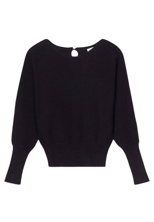 Maglione nero lavorato a maglia con scollatura ampia, maniche lunghe e polsini a coste. Presenta un piccolo forellino sulla schiena per un tocco di dettaglio.