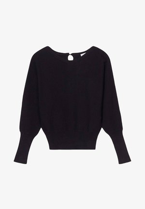 Sort strikket sweater med bred halsudskæring, lange ærmer og ribbede manchetter. Har en lille nøglehulapning bagpå som detalje.