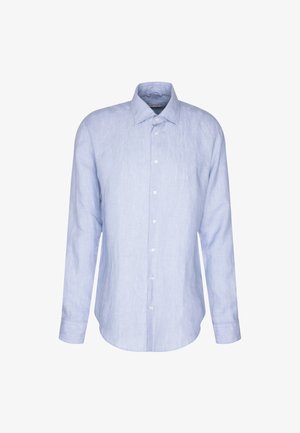 Lichtblauwe linnen overhemd met lange mouwen, klassieke kraag, voorplat en witte knopen. Heeft een ontspannen pasvorm en een gebogen zoom.