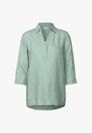 Hellgrünes Leinenhemd mit einem Reverskragen, Dreiviertelärmeln und geradem Saum. Verfügt über einen Knopf am Kragen zum Schließen.