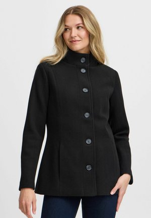 Cappotto in misto lana nero con colletto alto, bottoni frontali, silhouette aderente e maniche lunghe. Il tessuto ha una consistenza liscia.