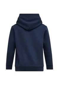 Navyblauer Kapuzenpullover aus Baumwollmischgewebe, mit einer großen Kapuze, langen Ärmeln und gerippten Bündchen und Saum, die eine glatte Textur aufweisen.