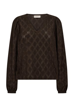 Donkerbruine blouse met lange mouwen met een subtiel kantpatroon, V-hals, licht opgepofte schouders en elastische manchetten.