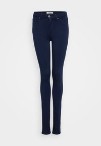 Tett mørkeblå skinny jeans laget av stretchmateriale, med en jevn tekstur, fem-lomme design, og knappelukking i midjen.