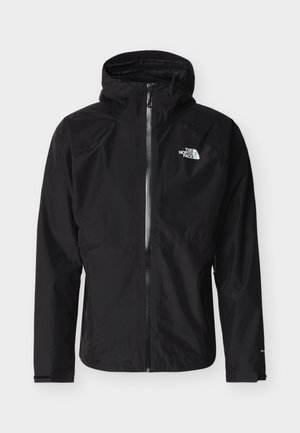 Czarna lekka kurtka z kapturem, zapinana na zamek z przodu, z logo The North Face na piersi, zaprojektowana do ochrony przed warunkami atmosferycznymi na zewnątrz.
