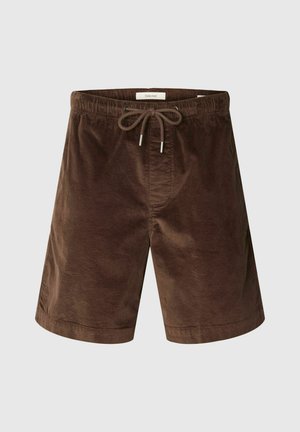 Short en velours côtelé marron avec taille élastique et cordon à l'avant, longueur genou, style décontracté.