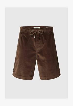 Short en velours côtelé marron avec taille élastique et cordon à l'avant, longueur genou, style décontracté.