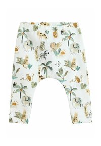 Witte katoenen broek met een jungle-thema print van dieren en planten in groen, bruin en goudd tinten. Elastische tailleband voor comfort.