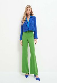 Giacca cropped doppiopetto in tweed blu, camicia blu brillante, pantaloni a vita alta svasati verdi e decolleté blu a punta.