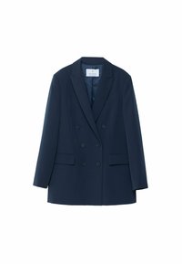 Blazer doppiopetto blu navy realizzato in tessuto morbido, con revers a punta, due tasche frontali e sei bottoni. Design classico e su misura.
