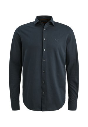 Chemise à manches longues bleu foncé en coton, dotée d'un col classique, d'une fermeture par boutons sur le devant et d'un logo discret sur la poitrine.