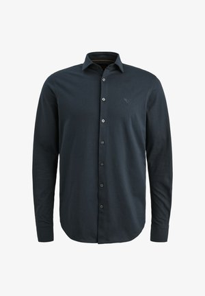 Donkerblauwe lange mouwen shirt van katoen, met een klassieke kraag, knoopsluiting aan de voorkant, en een subtiele logo op de borst.