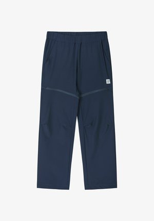 Navy blue casual pants with elastic waist, side pockets, knee stitching detail, and small reflective logo on right thigh.