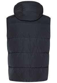 Marineblaue Steppweste mit Kapuze, die ein gesteppter Design, glatte Textur und keine sichtbaren Verschlüsse oder Taschen auf der Rückseite aufweist.