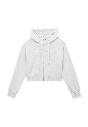 Grijze cropped hoodie gemaakt van zacht materiaal. Voorzien van een ritssluiting aan de voorkant, een trekkoordcapuchon en elastische manchetten met een gladde textuur.