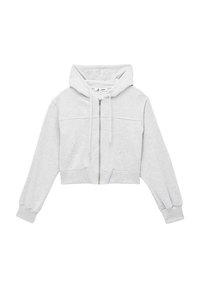 Hoodie grigio corto realizzato in materiale morbido. Presenta una zip sul davanti, cappuccio con elastico e polsini elasticizzati con una texture liscia.