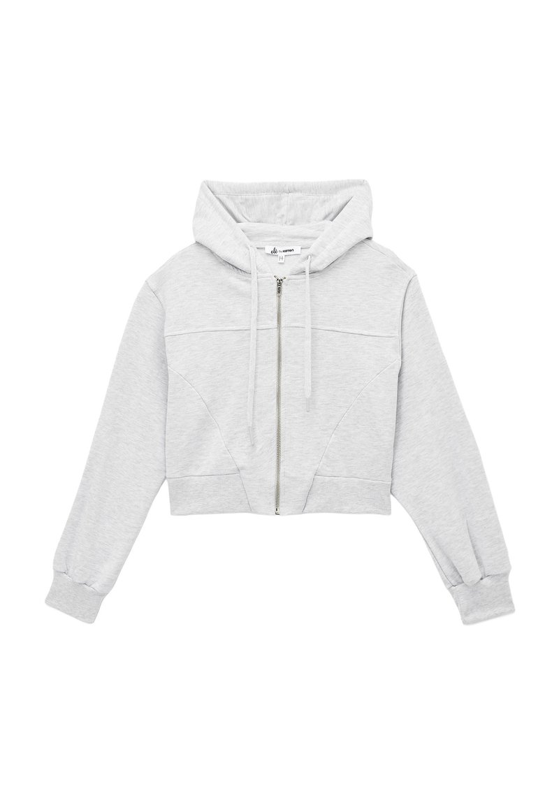 Hoodie grigio corto realizzato in materiale morbido. Presenta una zip sul davanti, cappuccio con elastico e polsini elasticizzati con una texture liscia.