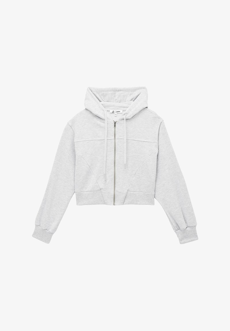 Hoodie grigio corto realizzato in materiale morbido. Presenta una zip sul davanti, cappuccio con elastico e polsini elasticizzati con una texture liscia.