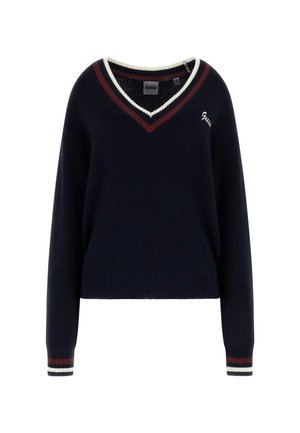 Marineblauer V-Ausschnitt-Pullover mit weißem und burgunderrotem Streifenmuster am Kragen und an den Bündchen, langen Ärmeln und kleinem gesticktem Logo auf der Brust.