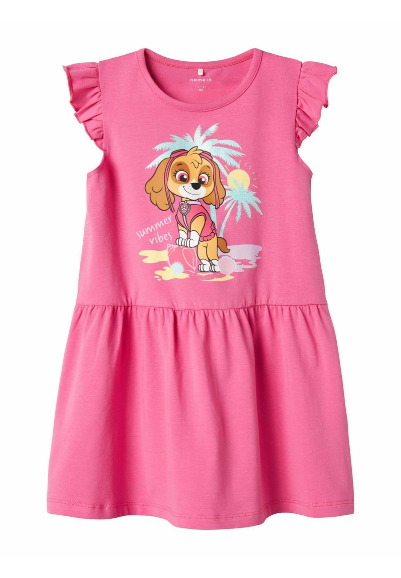 Pink cotton dress with ruffled shoulder sleeves, featuring a cartoon dog graphic and text "summer vibes," gathered waist and flared skirt.