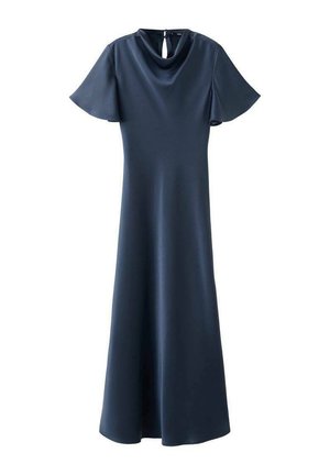 Vestido azul marino hasta el suelo con mangas cortas de vuelo, escote drapeado y cierre en la espalda con abertura en forma de gota.