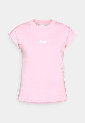 T-shirt de algodão rosa com decote redondo, mangas curtas dobradas e logótipo "adidas" branco estampado na frente.