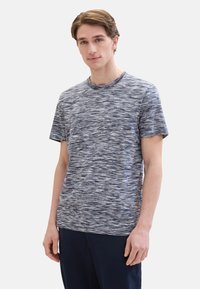 Gray and navy striped short-sleeve T-shirt made of soft fabric with a crew neckline and subtle texture. Loose fit, casual design.