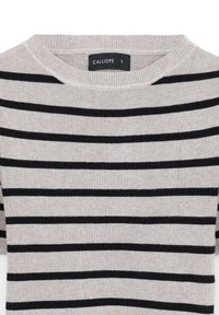 Maglione a righe con una base grigio chiaro e righe orizzontali grigio scuro, colletto rovesciato e maniche a costine, realizzato in un morbido materiale a maglia.