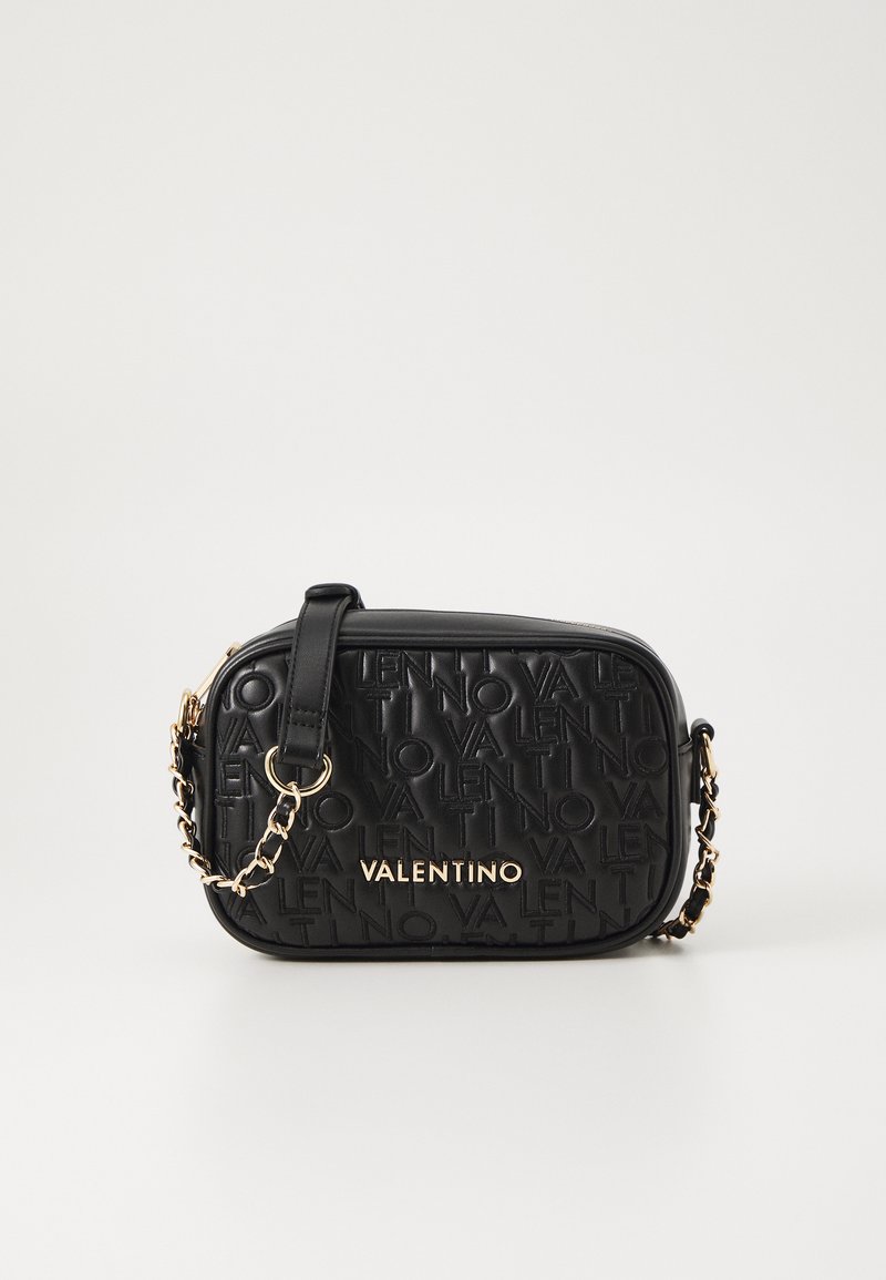Black faux leather bag with embossed "VALENTINO" logo, rectangular shape, gold-tone hardware, chain and leather strap, sleek textured surface.